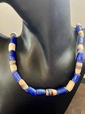 Old Vintage Handmade African Trade Beads Blue and Cream Glass Beaded  Necklace